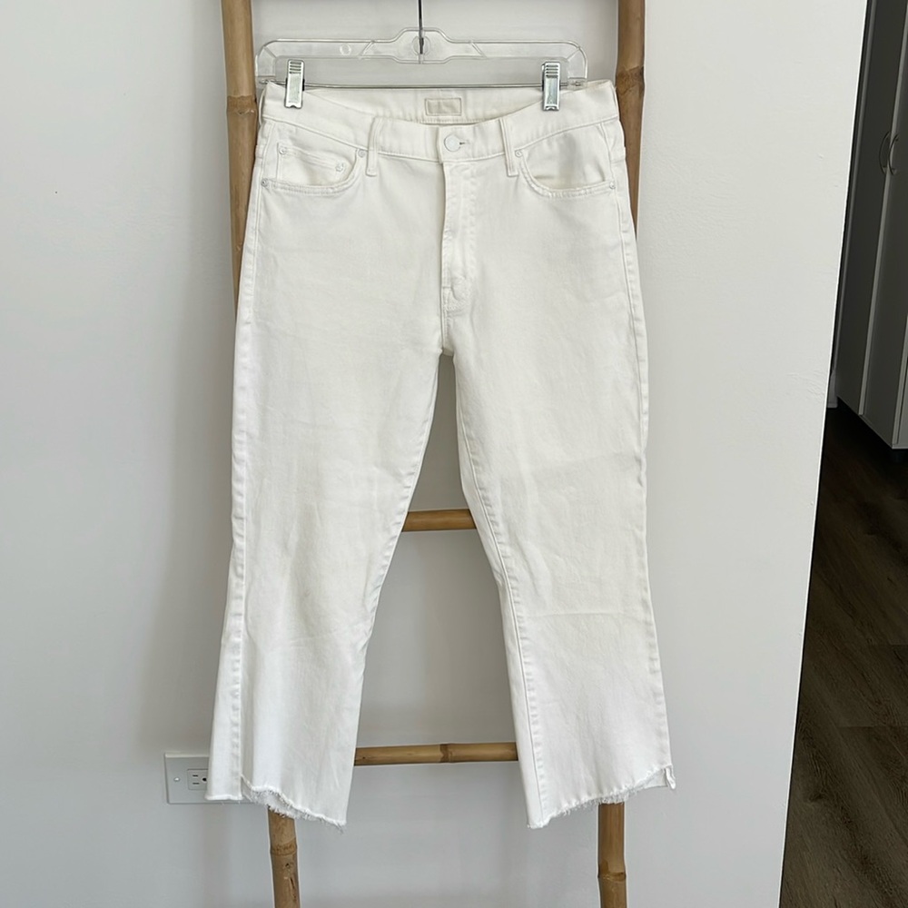MOTHER WHITE INSIDER CROP STEP FRAY DENIM, Size 29.